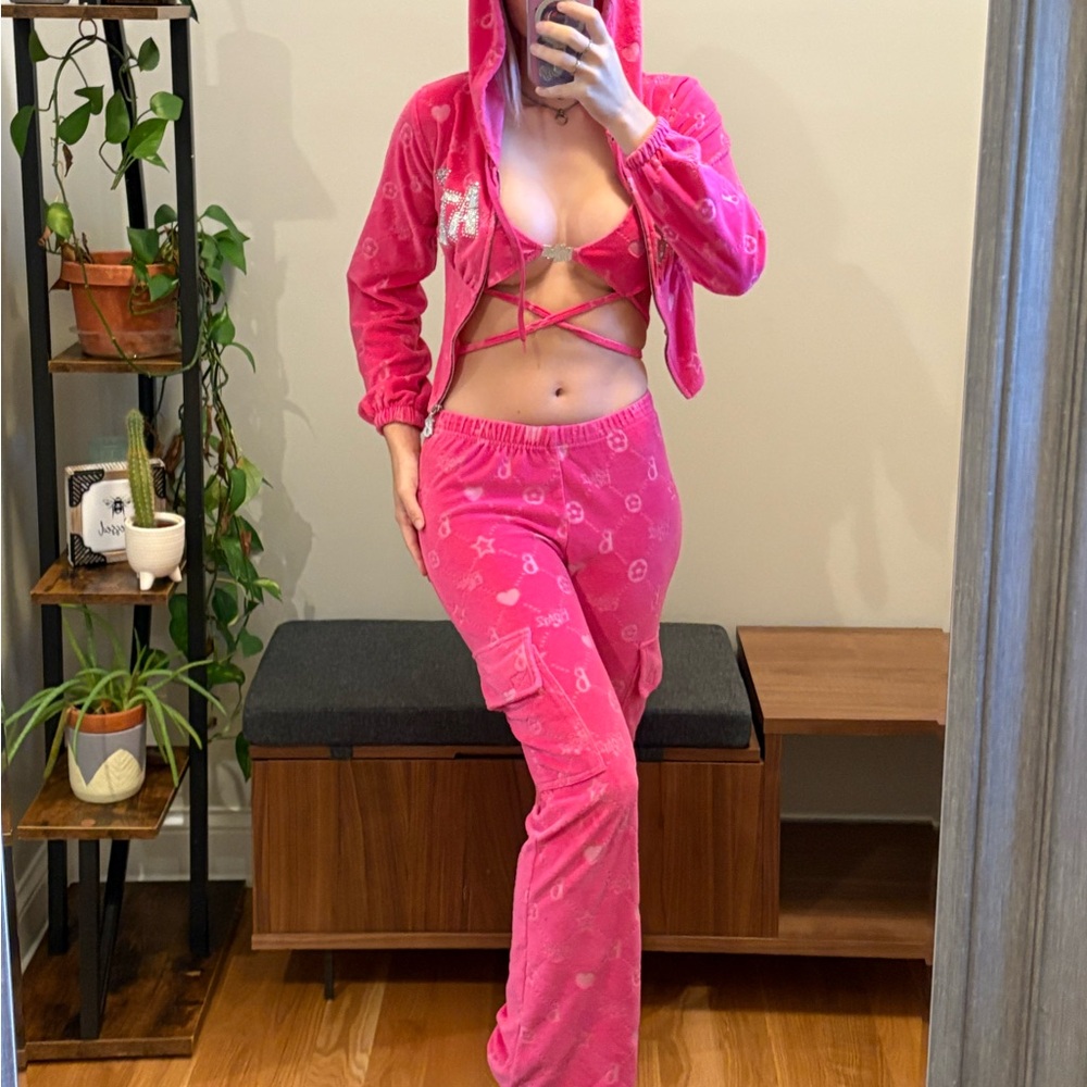 DollskillXBratz Hot Pink Bratz Logo Velour Jumpsuit Set w/ Velour Bikini top